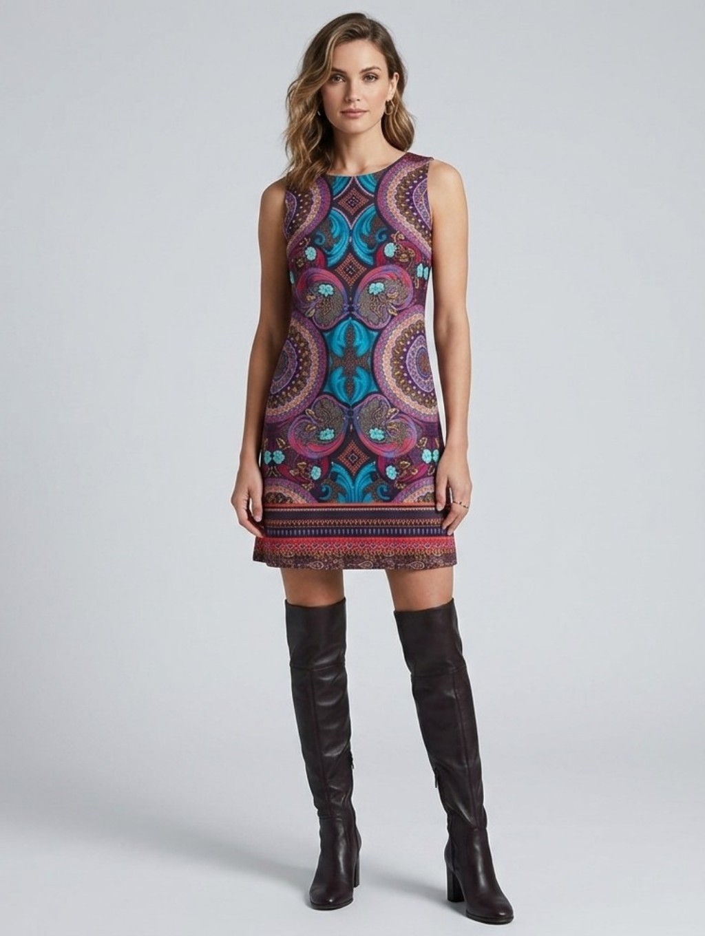 Aryeh Teal & Purple Paisley Retro Boho Sleeveless Shift Dress Small